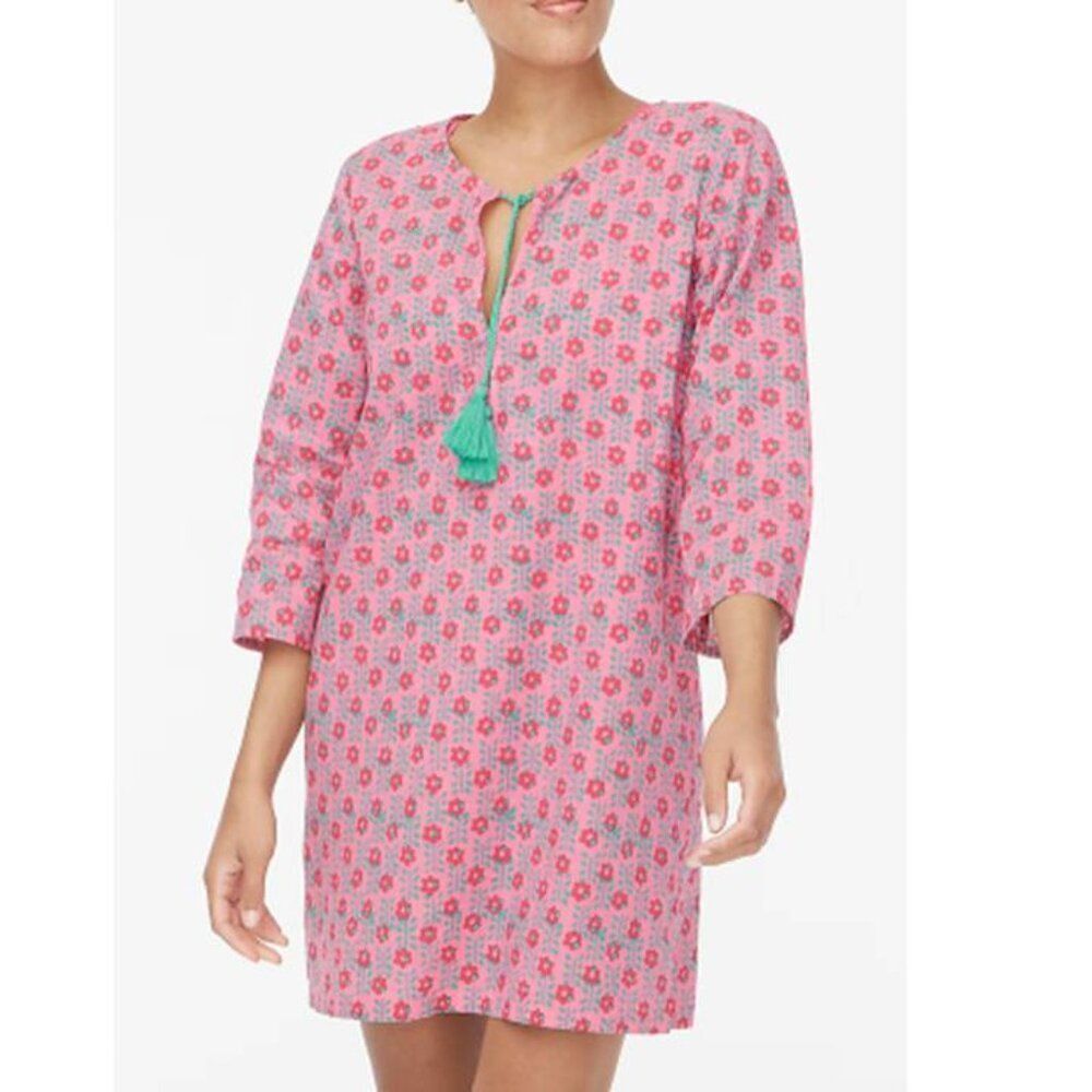 J Crew Women's Tunic Mini Dress Cotton Printed Party Beach Floral Pink Medium